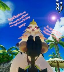 3d_(artwork) anatid angry anseriform anserinae antennae_(anatomy) anthro arthropod avian beach beach_umbrella big_breasts bird black_clothing black_panties black_underwear blue_sky breasts clothed clothing cloud crown digital_media_(artwork) dizzy_(artlegionary) duo english_text female hands_on_hips headgear hellaverse helluva_boss hi_res impaer_jaster insects light light_beam looking_down_at_another low-angle_view male mantis nipple_piercing nipples non-mammal_breasts non-mammal_nipples outside palm_tree panties parasol piercing pink_eyes pink_nipples plant shaking sky stella_(helluva_boss) sun sunbeam sunlight swan talking_to_another text thick_thighs topless topless_anthro topless_female tree trembling underwear watermark wide_hips