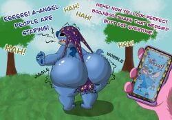 alien ambiguous_gender ambiguous_pov angel_(lilo_and_stitch) anthro ass atomic_wedgie balls_outline big_butt biped blue_body blue_fur bouncing_butt bulge bulge_from_behind cellphone clothed clothing detailed_bulge dialogue disney duo electronics english_text experiment_(lilo_and_stitch) first_person_view fur genital_outline hi_res holding_cellphone holding_object holding_phone holding_smartphone huge_butt humiliation humiliation_fetish laugh lilo_and_stitch male male_anthro male_focus partially_clothed partially_clothed_anthro partially_clothed_male phone pink_body pink_fur plantigrade smartphone solo_focus stitch_(lilo_and_stitch) text vorkken16 wedgie wedgie_boy wedgie_fetish
