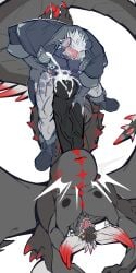 1:2 absurd_res anthro arm_spikes balls bladder_inflation bodily_fluids bottomless bottomless_male claws clothed clothing countershade_snout countershade_torso countershading cum cum_exchange cum_in_bladder cum_in_urethra cum_inside dipstick_horn dragon duo emanata finger_claws genital_fluids genitals green_eyes grey_body hi_res horn humanoid_genitalia humanoid_penis hyena inflation inflation kraburt looking_at_penetration looking_up lying male male/male mammal multicolored_horn mythological_creature mythological_scalie mythology navel nipples nude on_back on_top open_mouth penetration penile penile_penetration penis penis_in_penis pink_claws red_sclera scalie size_difference small_dom_big_sub snout spiked_balls spiked_tail spikes spikes_(anatomy) tail toe_claws tremble_spikes urethral urethral_bulge urethral_penetration white_horn