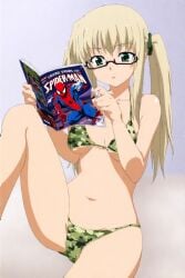 1girls ai ai_generated beige_hair breasts camouflage_bikini crossover female female_focus female_only glasses green_eyes imu_(senran_kagura) marvel marvel_comics navel quinzo11 reading reading_comic self_upload senran_kagura senran_kagura_(series) sitting spider-man spider-man_(series) twintails white_background