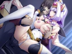1boy azarin_(kouyoku_senki_exs-tia) black_gloves black_pants boots breasts breasts_out brown_hair censored closed_mouth clothes_lift clothing_aside covered_navel detached_sleeves dutch_angle elbow_gloves exs-tia_magica faceless faceless_male female game_cg gem gloves grabbing_another's_breast grabbing_from_behind groping hair_intakes hair_over_eyes indoors inoino kouyoku_senki_exs-tia large_breasts large_variant_set leg_lift leotard leotard_aside long_hair long_sleeves looking_at_another miniskirt mosaic_censoring nipples non-web_source official_art pants parted_lips purple_hair pussy pussy_juice scarf shihou_souma shiny_skin shirt short_hair sitting sitting_on_lap sitting_on_person skirt spread_legs straight thigh_boots thighhighs variant_set very_long_hair white_leotard white_scarf white_sleeves yellow_eyes yellow_skirt yellow_trim