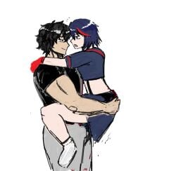1boy 1boy1girl 1girl1boy 1girls asian asian_female black_hair black_shirt couple couple_love crossover crossover_pairing crossover_ship crossover_shipping female female/male gloves grabbing_butt kengan_ashura kill_la_kill looking_at_partner male male/female matoi_ryuuko muscular muscular_male red_gloves red_highlights ryukohma school_uniform senketsu short_hair sneakers studio_trigger teenage_girl teenager tokita_ohma tomboy