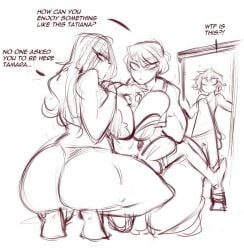 2boys 2girls annoyed arguing ass back_view being_watched between_breasts big_ass big_breasts big_penis black_and_white blush blushing breast_squeeze breasts busty caught caught_in_the_act clothed clothed_female clothing crouching curvaceous curvy dialogue english_text erection eye_contact feet female ffm_threesome front_view genitals greyscale group hair head_between_breasts huge_breasts human human_only kneeling large_ass large_breasts large_penis larger_female long_hair male male/female max_gilman_(saucymojo) monochrome multiple_boys multiple_girls original original_character penis saucymojo short_hair siblings sisters size_difference sketch smaller_male soles squatting straight tatiana_arkwright_(saucymojo) text thick_thighs thighs threesome tiptoes trio_focus voluptuous walked_in_on wide_hips