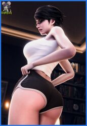 annoyed annoyed_expression bayonetta bayonetta_2 clothed large_ass large_breasts looking_at_viewer shorts shorts_pull slymyguy tagme tank_top