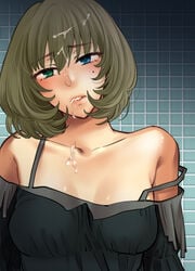 bare_shoulders blue_eyes blush collarbone cum cum_in_mouth cum_on_hair dress facial female fringe green_eyes green_hair heterochromia idolmaster idolmaster_cinderella_girls looking_at_viewer mole off_shoulder open_mouth short_hair shoukaki_(earthean) solo takagaki_kaede