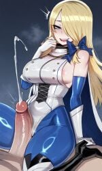 ai_generated big_penis blonde_hair blue_eyes blush brown_dust_2 clothed clothed_sex cum cumshot laughing self_upload sexy tesa thigh_sex wilhelmina_(brown_dust)