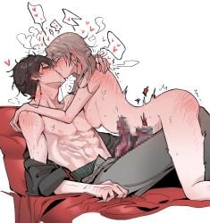 1boy abs adam's_apple allstelleonly arched_back arm_around_neck aroused ass_blush bed_sheet blush body_blush breast_press breasts brown_hair censored closed_eyes clothed_male_nude_female commentary_request completely_nude couple cowgirl_position dan_heng_(honkai:_star_rail) dan_heng_(hunt)_(honkai:_star_rail) dark_penis drooling ear_blush earrings elbow_blush erection extra_penises face-to-face facing_up female french_kiss frottage green_eyes grey_hair grey_pants hand_blush hands_on_another's_shoulders head_steam heart highres honkai:_star_rail honkai_(series) humping jewelry kissing korean_commentary large_breasts large_penis leg_between_thighs looking_at_another loving_aura medium_hair mosaic_censoring neck_blush nipples nose_blush nude open_fly pants pectoral_cleavage pectorals penis penis_on_stomach reclining saliva shiny_skin short_hair shoulder_blush simple_background spoken_heart stelle_(honkai:_star_rail) straddling straight tears thigh_straddling tongue tongue_out topless_male trailblazer_(honkai:_star_rail) twitching very_short_hair white_background