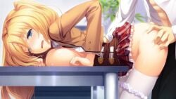 1boy ass ass_grab belt bent_over blazer blonde_hair blue_eyes blush breast_press breasts censored clothed_sex desk doggy_style female frilled_skirt frills hair_intakes jacket large_breasts long_hair looking_back male mosaic_censoring nipples no_bra open_clothes open_mouth open_shirt panties plaid plaid_skirt pussy raised_eyebrows school_uniform sex sex_from_behind shirt skirt skirt_lift solo_focus standing straight striped striped_legwear tears thighhighs torso_grab twintails underwear vaginal_penetration vertical-striped_legwear vertical_stripes white_legwear