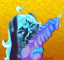 ahoge anthro artist_name bioluminescence blue_nails blue_penis blue_tongue bodily_fluids buckteeth coin colored colored_nails cum cumshot deity digital_drawing_(artwork) digital_media_(artwork) disembodied_penis dragon duo ejaculation erection eyelashes facial_markings female fingers floppy_ears fur genital_fluids genitals glowing hair head_markings heart_ahoge heart_eyes heart_symbol hi_res knot knotted_penis lagomorph leporid long_tongue looking_at_viewer lumine_(species) lunalai lunalaimoonglow male male/female mammal markings moon moon_goddess mythological_creature mythological_scalie mythology nails nude open_mouth oral orgasm penile penis psuedo_barbs purple_eyes purple_penis rabbit ridged_penis ridges scalie scut_tail shaded short_tail signature simple_background smile solo_focus swirls tail teeth text tongue vtuber white_hair
