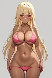 1girl ai-created ai_generated bangs bare_arms bare_shoulders bikini bikini_bottom bikini_pull blonde_hair blunt_bangs blush breasts cameltoe clavicle cleavage closed_mouth clothes_pull clothing dark-skinned_female dark_skin female female_only female_pubic_hair gluteal_fold gokukoku_no_brynhildr groin high_resolution large_breasts long_hair looking_at_viewer navel pantsu pink_bikini pink_clothing pink_panties pink_swimsuit pink_underwear portrait pubic_hair pubic_hair_peek pulled_by_self red_eyes rena_aikawa_(pixiv_user) side-tie_bikini side-tie_bikini_bottom side-tie_clothing side-tie_swimsuit skindentation smile solo standing stomach string_bikini striptease swimsuit swimsuit_pull tachibana_mina_(gokukoku_no_brynhildr) tanned thigh_gap thighs underboob underwear