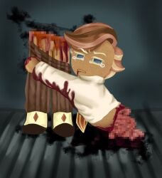 almond_cookie blood_splatter blood_stain censored cookie cookie_run cookie_run_kingdom crying cut_in_half gore gross grotesque guro high_quality holding_body intestines looking_at_viewer mosaic_censoring pixelated unknown_artist