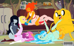 2boys 5girls adventure_time anklet balls black_eyes black_hair blonde_hair blue_hair blue_skin blush boots bottomless candles cowgirl_position crown denise_(adventure_time) detailed_background dress elemental female female_on_top finn_the_human fire_hair flame_princess hand_on_ass jake_the_dog knee_socks leg_grab leg_up looking_at_another male marceline multiple_females nipple_bulge on_back open_mouth orange_hair orange_skin orgy partially_clothed penis pink_hair pink_skin princess_bubblegum pussy pussy_juice saliva sideboob skirt_lift smile sofa stomach_bulge strap-on tongue tongue_out trees tshirt unlit_candles vaginal_penetration very_long_hair water water_hair water_nymph white_eyes whycantifindaname yuri