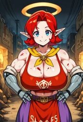 1girls adeptus_mechanicus_skull_logo ai_generated apron big_breasts blue_eyes breasts civitai cleavage female huge_breasts light-skinned_female light_skin mommy muscle pointy_ears red_eyes short_hair skirt solo sports_bra sportswear