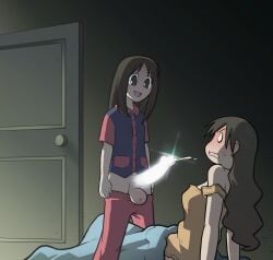 1futa 1girls 2d age_difference azumanga_daiou balls bed bedroom blush breasts brown_eyes brown_hair clothed clothed_female clothed_futa clothing colored cum erection female futa/female futanari huge_cock intersex long_hair looking_at_viewer medium_breasts on_bed open_mouth open_smile osaka_ayumu_kasuga penis precum sitting size_difference small_breasts sparrow_(artist) surprised sweat testicles uncensored yukari_tanizaki