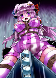 bead_sex_machine beads bondage breasts crescent female hat highres lilish long_hair nipples patchouli_knowledge purple_eyes purple_hair rope solo tears thighhighs touhou wooden_horse