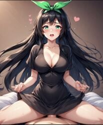 ai_generated clothed_sex cowgirl_position curvy_figure hair_ribbon holding_hands large_breasts oc younger_female