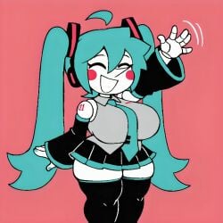 :d addison_(deltarune) ai_generated big_breasts black_skirt black_thigh_boots blue_hair blue_nails blue_tie blush_stickers closed_eyes collared_shirt darkner deltarune female grey_shirt happy hatsune_miku joints long_nose motion_lines pixai puppet red_cheeks robot_girl robot_humanoid short_girl shortstack shoulder_tattoo skirt slim_waist solo thick_thighs thigh_boots twintails vocaloid waving_at_viewer waving_hand white_skin