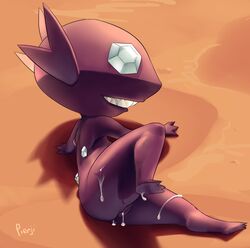 after_sex cum cum_covered excessive_cum female furry looking_at_viewer looking_back lying messy nintendo no_humans on_side pienji pokemon pokephilia pussy raised_leg sableye solo teeth video_games