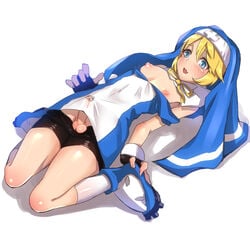 1boy androgynous arc_system_works areola balls bike_shorts blonde_hair blue_eyes blush bridget canon_crossdressing crossdressing crucifix cuffs erect_nipples erection femboy feminine_male fingerless_gloves girly gloves guilty_gear habit inuhasiru looking_down lying male male_nun male_only nipples nun nun's_habit on_back open_mouth penis precum ribbon simple_background solo solo_male testicles white_background