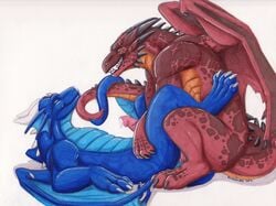 2012 anal anal_sex anthro blue_scales crouching digitigrade dragon dragonator entwined_tails erection gay grin horn lying male missionary_position on_back penetration penis precum ragnir red_scales sciggles sex sharp_teeth spikes spread_legs spreading teeth wings