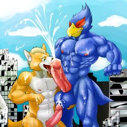 abs anthro avian ball_fondling balls biceps big_muscles big_penis blue_body brown_fur canine cum cum_on_chest cum_on_nipples cumshot dd159 erection falco_lombardi fangs feathers fox_mccloud fur furry humanoid_penis interspecies macro male male_only mammal multiple_males muscles nintendo nipples nude open_mouth oral orgasm pecs penis sheath star_fox tan_fur teeth toned tongue vein video_games white_fur yaoi