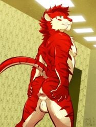 2025 angel_(velvetvlade) anthro anus artist_logo ass athletic athletic_male balls ceiling_lamp cheek_tuft countershading dated digital_media_(artwork) facial_tuft fangs felid fur genitals green_eyes hair hi_res lamp logo looking_at_viewer male male_only mammal mane mane_hair neck_tuft nipples noise_filter nude_male pecs perineum pink_nipples portrait prehistoric_species raised_tail rear_view red_body red_fur red_hair red_nose red_stripes saber-toothed_tiger sabertooth_(anatomy) shaded short_hair signature solo spread_butt spreading striped_body striped_fur stripes tail teeth the_backrooms three-quarter_portrait tuft ventkazemaru whisker_spots white_body white_fur