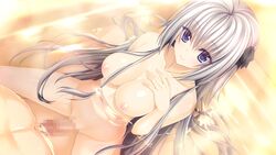 bath bathing blue_eyes blush breasts censored electrichka_sapsan female game_cg grinding hair_ribbon hand_on_own_chest long_hair mixed_bathing navel nipples nude oryou outercourse partially_submerged penis pretty_x_cation ribbon silver_hair smile solo_focus straight very_long_hair