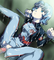 blue_eyes blue_hair bondage breasts censored clothing cum cum_on_body cum_on_lower_body cum_on_upper_body ekuryua empty_eyes penis rape seikai_no_senki sex spread_legs