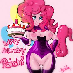 2014 anthro anthrofied big_breasts birthday_cake blue_eyes breasts cake candle clothing english_text equine fanatiq female food friendship_is_magic fur hair horse looking_at_viewer mammal my_little_pony nipples pink_fur pink_hair pinkie_pie_(mlp) pony pussy smile straight_hair text