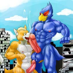 abs anthro avian ball_fondling balls biceps big_muscles big_penis blue_body brown_fur canine cum dd159 erection falco_lombardi fangs feathers fox_mccloud fur furry humanoid_penis interspecies macro male male_only mammal multiple_males muscles nintendo nipples nude open_mouth oral pecs penis sheath star_fox tan_fur teeth toned tongue vein video_games white_fur yaoi