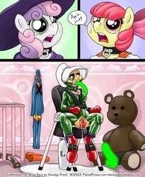 anthro anthrofied apple_bloom_(mlp) applejack_(mlp) bondage bound dated english_text equine female female_only friendship_is_magic fur multiple_females my_little_pony pony smooth_skin smudge_proof supermare sweetie_belle_(mlp) text what