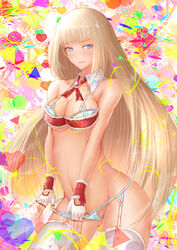 blonde_hair blue_eyes blush bra circle detached_collar emilie_de_rochefort female fingerless_gloves gloves heart hime_cut jisper2002 long_hair namco panties panty_pull solo tekken thighhighs thong triangle underwear undressing