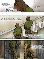 2014 2boys abs anthro army ass big_penis canine coal_(maririn) comic english_text erection feline fur furry furry_only gay locker_room male male_only mammal maririn military mondo muscles panther pecs penis penis_through_fly sweat text urinal wolf yaoi