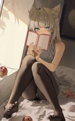 1girls alternate_costume animal_ears apple arknights arknights:_endfield artist_request blue_eyes blush book feet fully_clothed mzk_yoru nylons panties panties_visible_through_clothing perlica_(arknights:_endfield) sole_female solo solo_female stockings white_panties