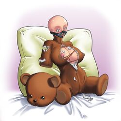 amputee animal_costume bald bald_female bear bondage breasts cleavage doll female gag large_breasts open_mouth_gag pillow plushie plushification plushophilia quadruple_amputee ring_gag stuffed_animal teddy_bear tongue toyification transformation