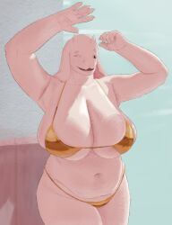 absurd_res anthro belly big_belly big_breasts bikini bikini_bottom bikini_top bovid breasts caprine cellulite clothed clothing deltarune female front_view fur gesture glistening glistening_body goat gold_bikini hi_res horn huge_breasts mammal mature_female milkermaker monster one_eye_closed overweight overweight_female presenting presenting_armpit presenting_breasts public raising_arm sagging_breasts shadow skimpy sky slightly_chubby slightly_chubby_female smile solo standing swimwear thick_thighs toriel two-piece_swimsuit undertale_(series) walking waving waving_at_viewer white_body