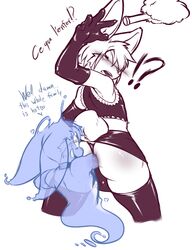 ! 0r0 0r0ch1 ? anal anal_fisting anthro blush collar duster fisting french_text fur furry ghost lagomorph leggings maid maid_uniform male mammal monochrome open_mouth rabbit skirt smile spirit surprised text thong