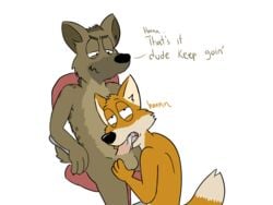 2014 2boys anthro ball_grab balls canine chair cum dan dialog erection fox fur furry furry_only gay hyena lance male male_only mammal nude oral paintfox penis sitting teeth text tongue yaoi