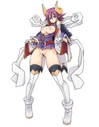 bar_censor boots breasts breasts_out censored clothing female horns large_breasts looking_at_viewer nash_(na-si) nipples no_panties pointy_ears purple_eyes purple_hair pussy shinrabanshou shion_(shinrabanshou) short_hair simple_background smile solo stockings thigh_boots thighhighs white_background