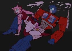 1boy blush boyfriend-girlfriend closed_eyes cowgirl_position cum_in_pussy elita-one female hand_on_ass kiss_marks large_ass laying_down optimus_prime penis_in_pussy pussy_juice sexy_female straight transformers transformers_g1