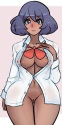 bad_id blush bottomless breasts cleavage covered_nipples dark-skinned_female dark_skin female female_only navel nintendo open_clothes open_shirt pokemon pokemon_xy purple_eyes purple_hair pussy ribbon rolling_eyes scas see-through short_hair simple_background sina_(pokemon) smile solo white_background wide_hips