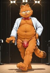 2025 4_fingers absurd_res ai ai-created ai_art ai_assisted ai_generated animal_ears anthro backlighting barely_visible_genitalia barely_visible_penis belly big_bulge bottomless bulge clothed clothing clothing_pull cocked_hip crossed_legs dark detailed_background detailed_face domestic_cat erection erection_under_clothing erection_under_thong felid feline felis fingers front_view full-length_portrait fur garfield_(series) garfield_the_cat genital_outline genitals glint glitter_bowtie glitter_thong green_eyes half-erect hand_on_hip head_tilt hi_res inside light lighting looking_at_viewer looming male mammal musclegut narrowed_eyes nickelodeon nipples nude open_suit orange_body orange_fur pantsless pecs penis penis_outline portrait pose qdiffusion red_bowtie red_clothing red_thong red_underwear seductive shadows slightly_chubby smile smug solo sony_corporation spotlights stable_diffusion stage tabby_cat thong thong_pull tight_thong tongue tongue_out underwear underwear_pull walking whiskers white_suit