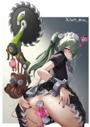 anal ass asshole asshole_opened_wide blush corin_wickes dildo dildo_in_pussy double_penetration embarrassed female green_hair looking_back maid maid_uniform pink_eyes plug_(sex_toy) plug_insertion pussy pussy_juice shy shy_expression soft_mizu under_skirt underwear vibrator vibrator_in_pussy vibrator_under_clothes zenless_zone_zero