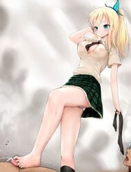 1boy barefoot blonde_hair blue_eyes blush boku_wa_tomodachi_ga_sukunai breasts butterfly_hair_ornament casual cum feet female footjob hair_ornament human kneesocks large_breasts nipples panties sayika school_uniform sena_kashiwazaki single_sock smile toes uncensored