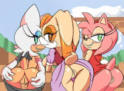 2014 amy_rose anthro anus ass bat big_breasts blush breasts clothed clothing cloudz female fur furry furry_only hedgehog lagomorph looking_at_viewer looking_back mammal milf mother parent presenting presenting_anus presenting_hindquarters presenting_pussy pussy rabbit rouge_the_bat sega smile sonic_(series) tail vanilla_the_rabbit wings