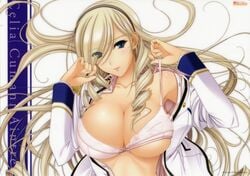 1girls absurdres armpits bare_shoulders big_breasts blazer blonde_hair blue_eyes blush bow bow_bra bra bra_lift breasts buttons celia_cumani_aintree character_name cleavage company_name drill_hair epaulettes eyes_visible_through_hair female fingernails floating_hair hair hair_spread_out hairband highres jacket komori_kei lace lace-trimmed_bra lace_trim large_breasts light_smile lingerie logo long_fingernails long_hair long_sleeves looking_at_viewer off_shoulder official_art open_clothes open_jacket scan school_uniform shiny_skin sidelocks simple_background skindentation smile solo strap_lift unbuttoned underboob underwear undressing upper_body very_long_hair walkure_romanze white_background white_bra white_hair