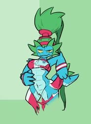 anthro blue_body blue_skin breasts clothing female genitals green_hair hair hi_res liska_(scalie_schoolie) long_hair pussy reptile scalie scalie_schoolie solo torn_clothing totalgary webcomic