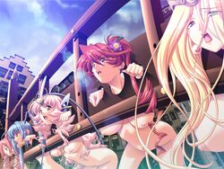 5girls :o arched_back bent_over blonde_hair blue_hair bondage breasts cloud crown drill_hair earrings female femsub fiene_fir_cawdor flower frown game_cg green_eyes hair_between_eyes hair_flower hair_ornament hair_ribbon hanging_breasts humiliation imanaka_koutarou janice_fir_cawdor jewelry kuro_no_utahime large_breasts lens_flare lineup lipstick long_hair looking_at_viewer looking_away mirille_fir_cawdor multiple_girls multiple_subs navel necklace nipples nude open_mouth ostina_fir_cawdor outdoors pillory pink_eyes pink_hair ponytail profile public public_nudity public_use ratuca_fir_cawdor red_hair ribbon sad sky slave standing stocks tied_hair twintails very_long_hair wavy_hair yellow_eyes