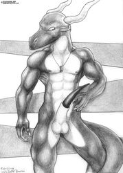 1990s 1999 20th_century animal_genitalia anthro balls dragon erection male_only muscular nipples penis scalie sheath singedrac solo