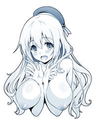 arm_between_breasts atago_(kantai_collection) between_breasts blue breasts female hat inverted_nipples kantai_collection large_breasts long_hair monochrome nipples open_mouth pointy_chin puffy_nipples shin_(sin-maniax) simple_background solo white_background